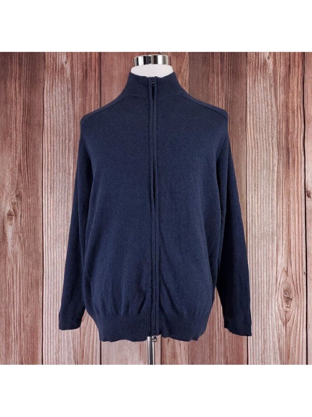 Woolrich Mens Size Large Navy Blue Wool Blend Full Zip Stretch Ribbed Sweater